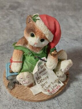 Holiday Kitten Figurine with Red Santa Hat and Green Outfit Calico Kittens